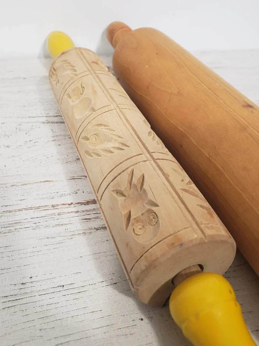 2 wooden rolling pins - 1 with cut out designs 16